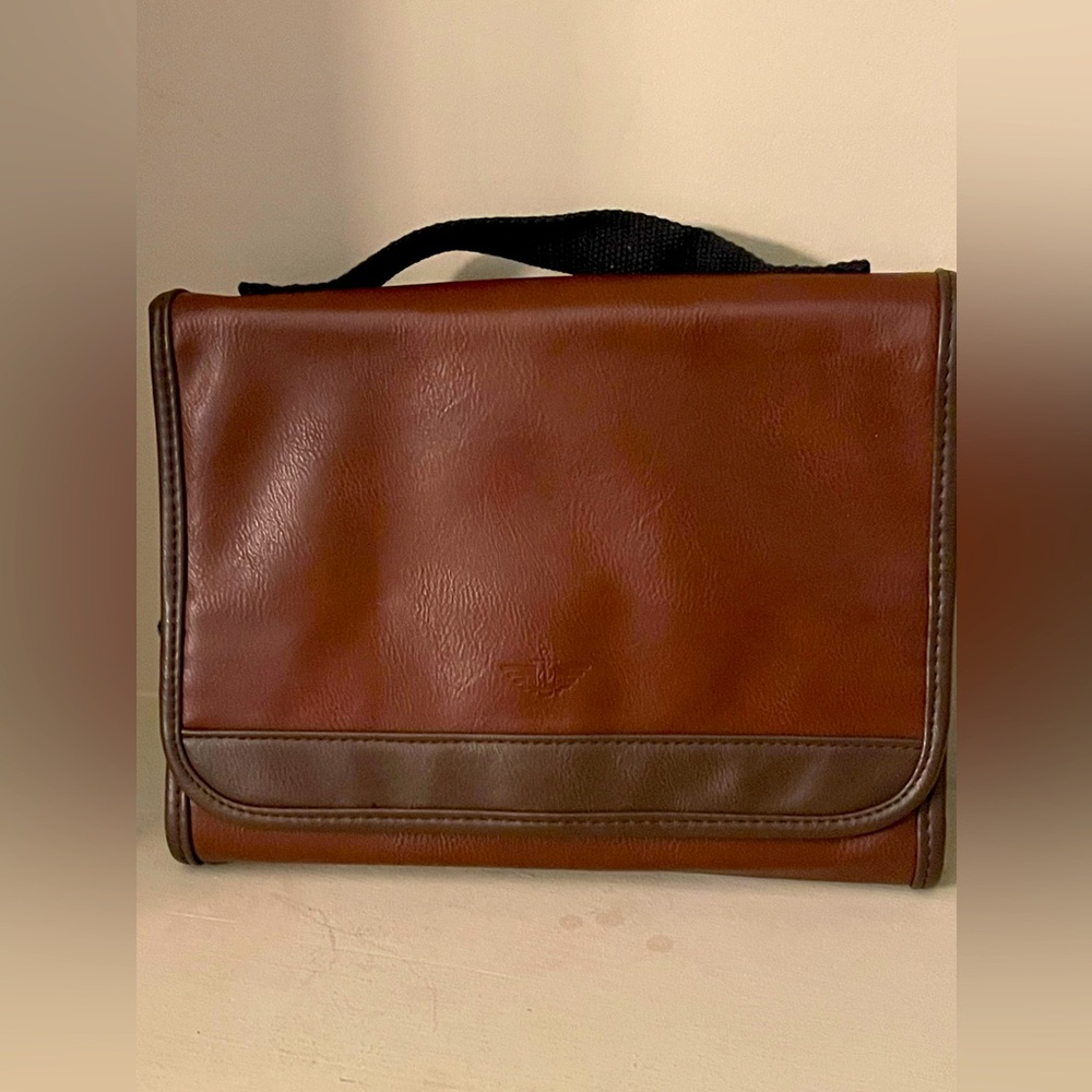 Dockers Brown Faux Leather Men's Trifold Hanging Toiletries Bag  11" X 24"